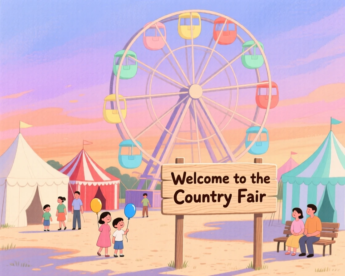 A country fair with a ferris wheel at dusk, peaceful and full of gentle motion.