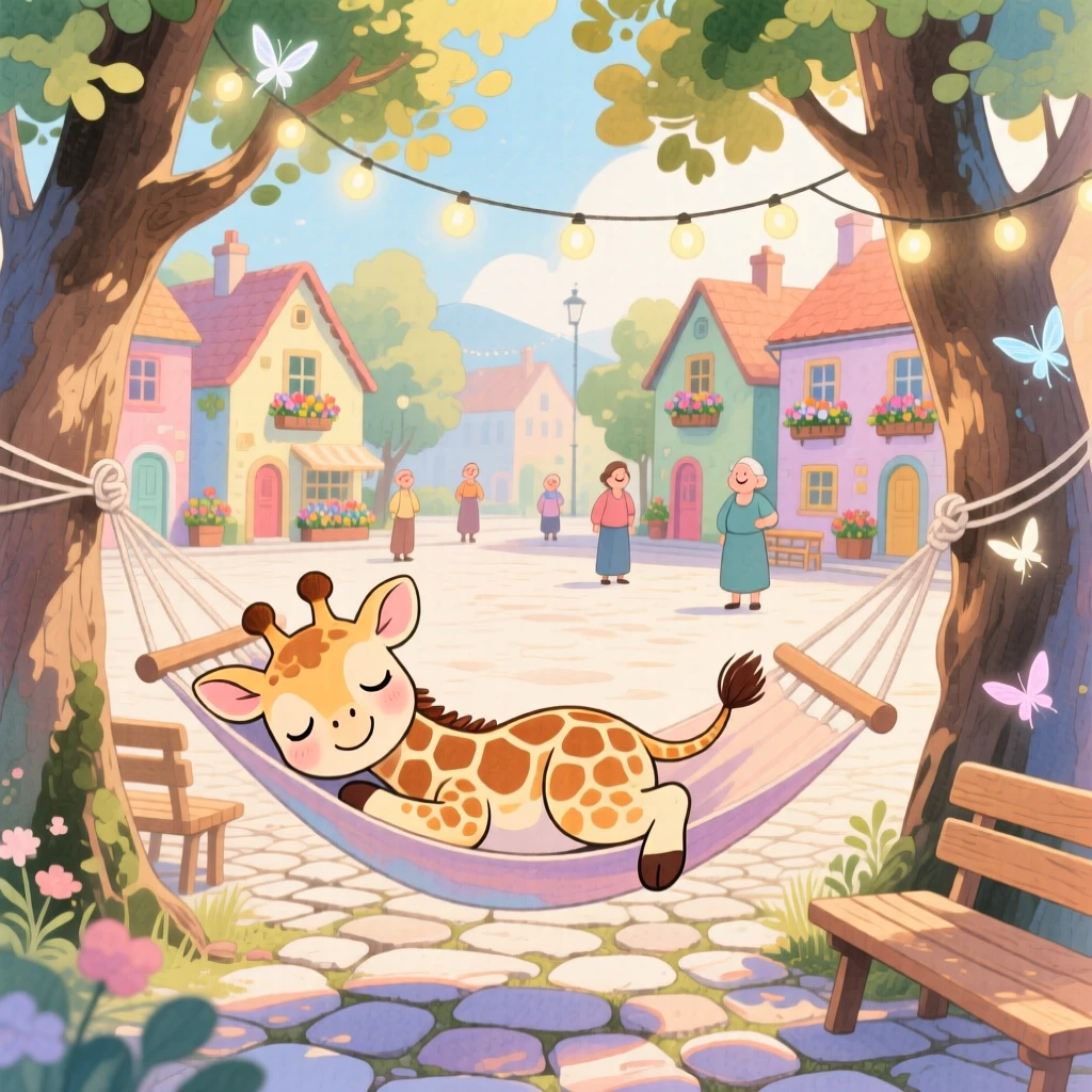A baby giraffe dozing in a hammock strung between two trees, set in a village square decorated with fairy lights, radiating pure innocent joy.