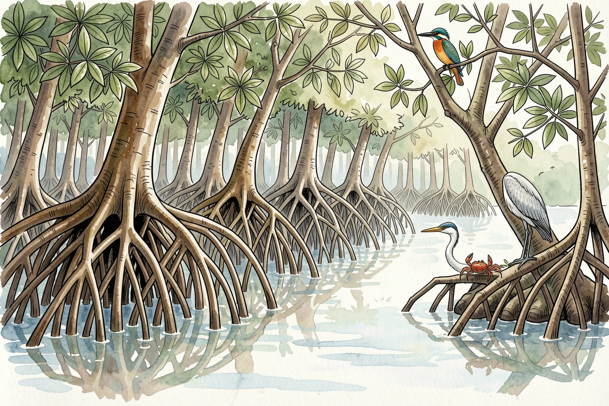 A dense mangrove forest with roots arching into calm tidal water, wildlife moving quietly at the edges of the scene.