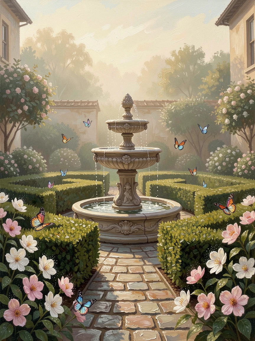 In early morning, dew still clinging to every petal, a courtyard garden with a stone fountain, surrounded by a low boxwood hedge maze, butterflies gathering around a cluster of blossoms.