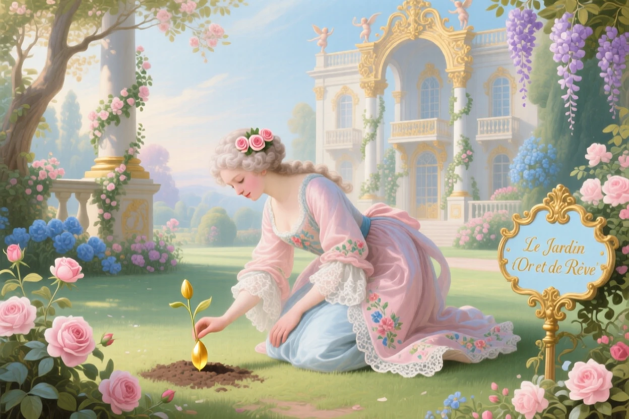 A young woman planting a golden seed that grows into a palace garden  
