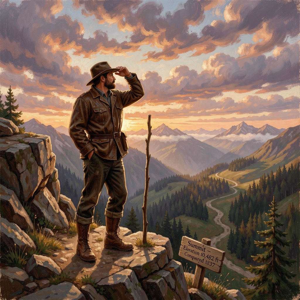 An explorer stands atop a peak, having reached the summit at last.