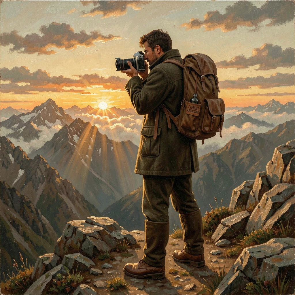 A photographer capturing a dramatic sunrise from a mountain summit, as dramatic natural light enhances the excitement of the journey, designed to transport the viewer straight into the journey