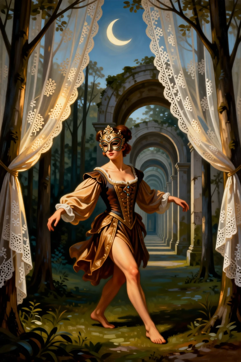 A masked reveler pausing mid-dance during a grand carnival at the exact moment magic and reality intertwine, set within an enchanted forest clearing bathed in soft light, with a crescent moon rising behind delicate lace curtains; receding archways create a sense of stepping into another world, suggesting the enduring power of myth and memory.