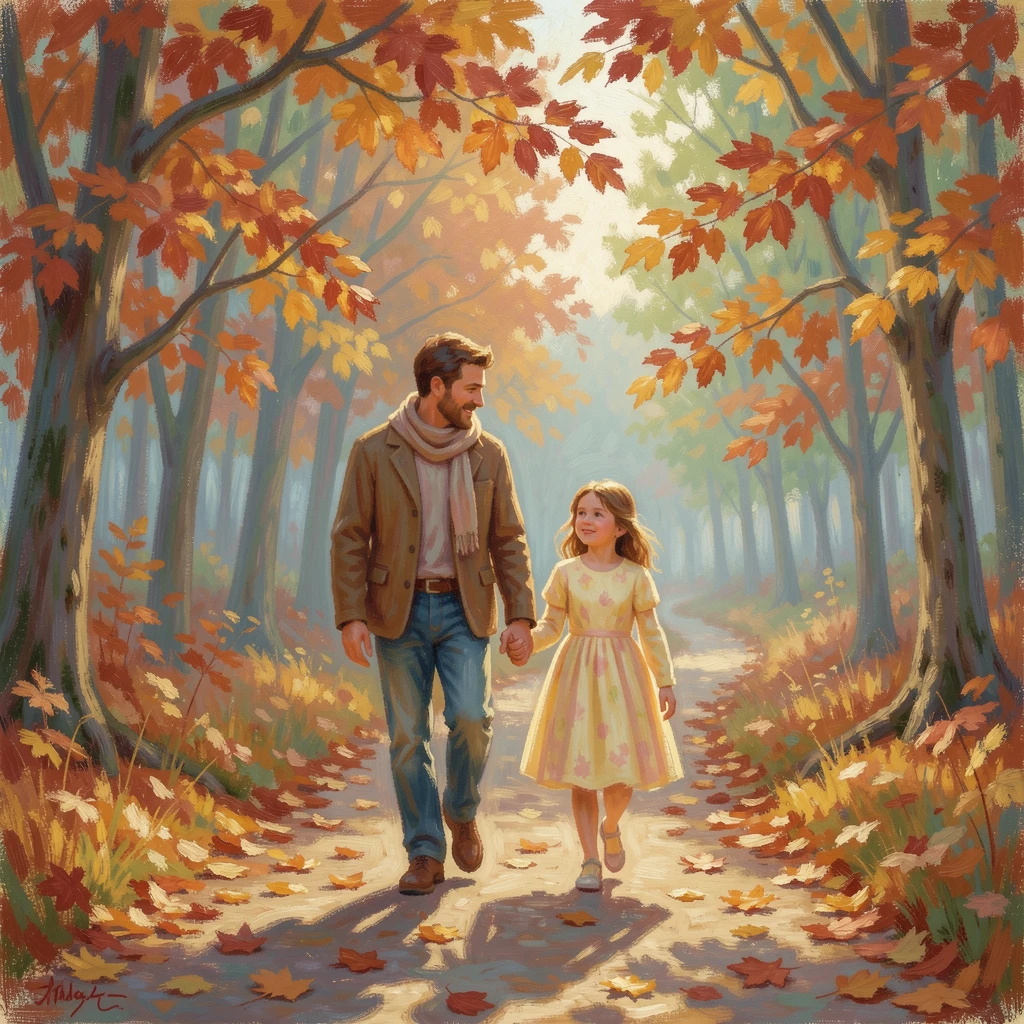 A father and daughter walking hand in hand along a autumn forest trail, leaves crunching underfoot, capturing a fleeting moment of pure happiness.
