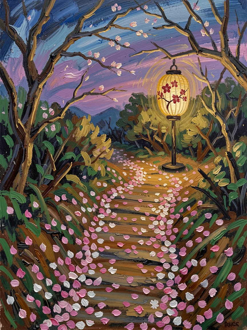 A path of fallen cherry blossoms leading toward a distant, glowing lantern.