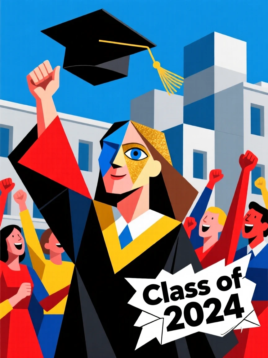 A young graduate throwing her cap into the air surrounded by cheering classmates.