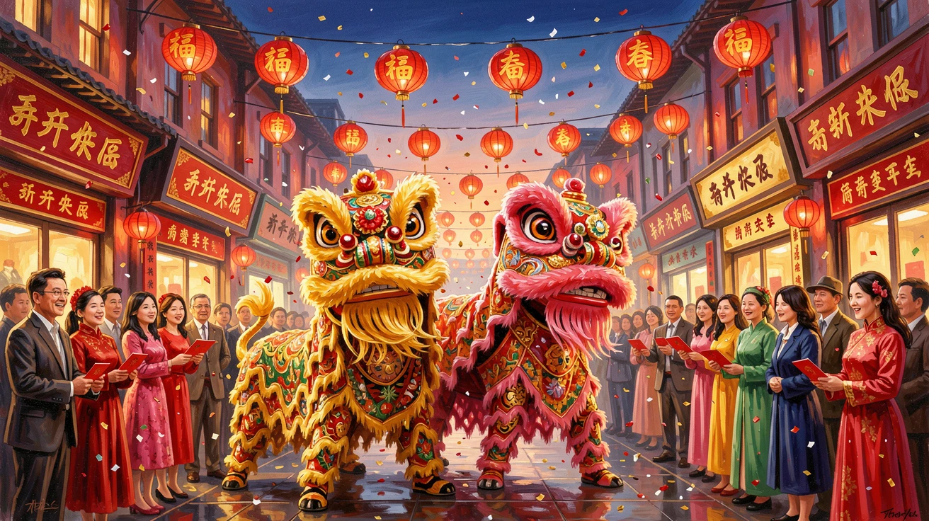 A joyful Lunar New Year street scene shows a lion dance performance beneath strings of red lanterns and falling confetti, small cultural details woven throughout the scene, grounding it in a specific time and place.