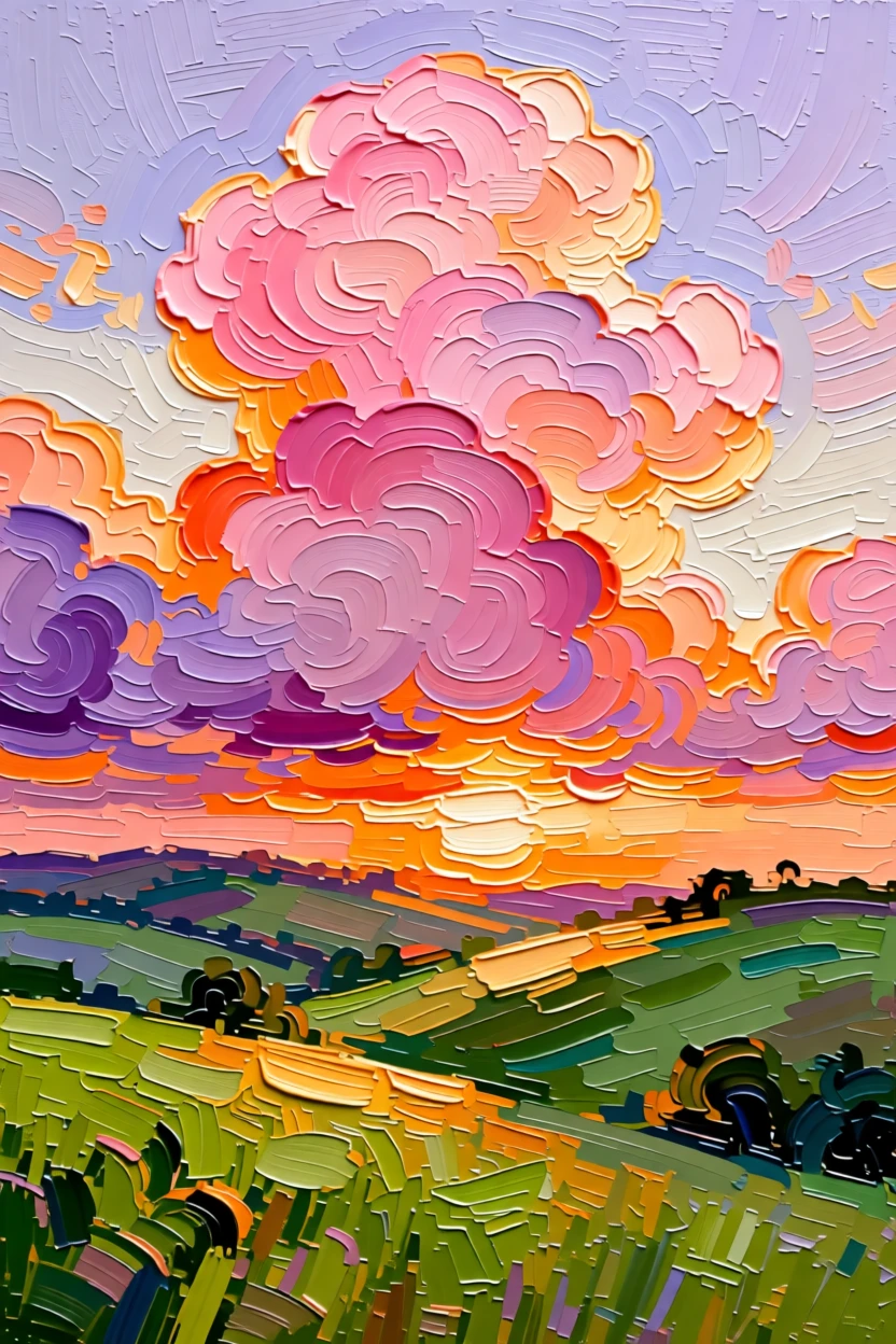 A field of cotton candy clouds glowing pink and orange at sunrise over rolling hills