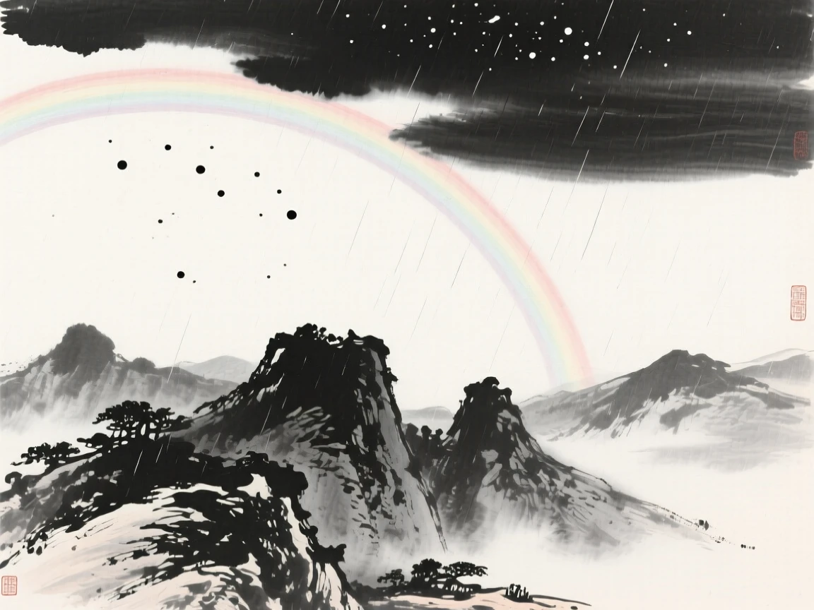 A rainbow arcs across the sky after a passing mountain shower, as the first stars begin to appear overhead.