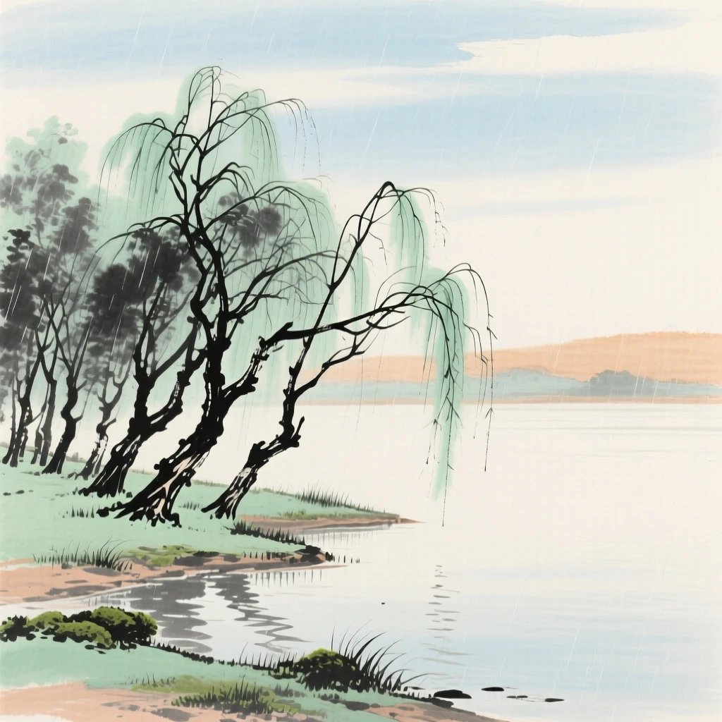 A peaceful lakeshore lined with willow trees, beneath a sky washed clean by rain.