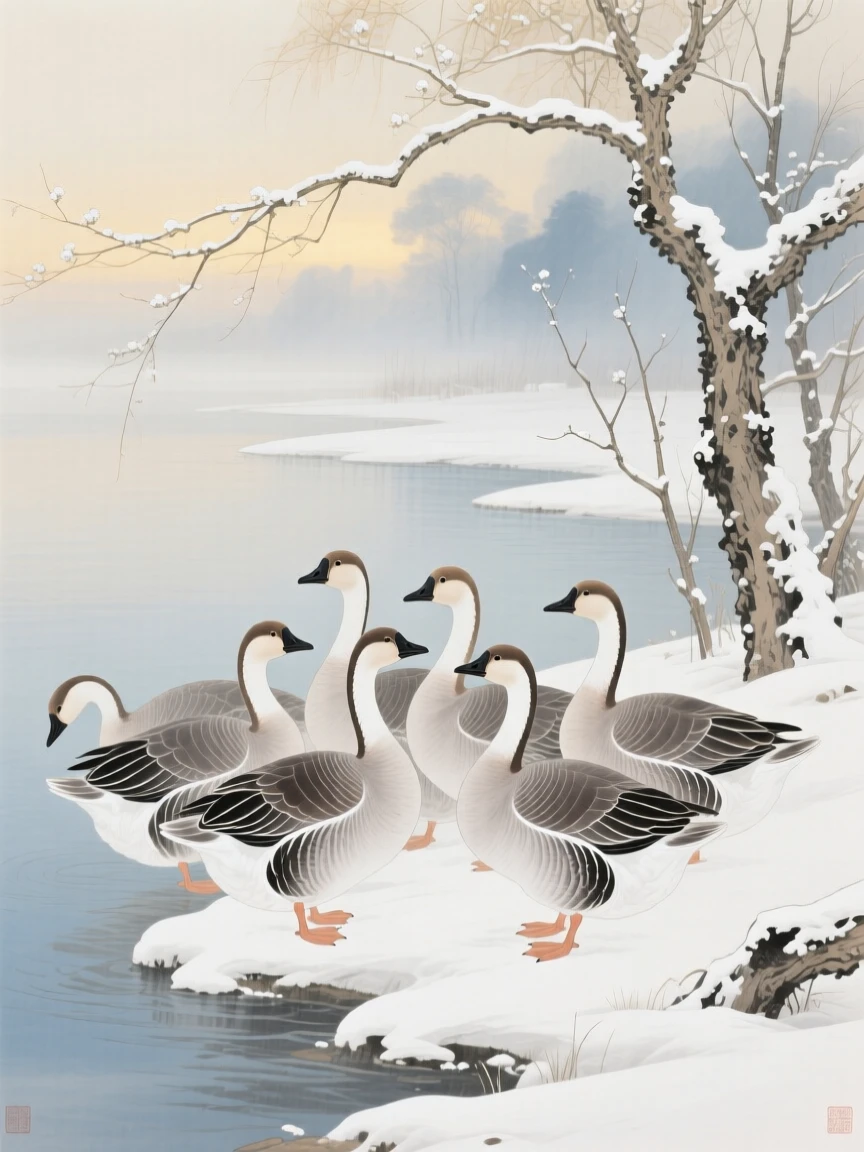 A flock of wild geese huddled together during a gentle snowfall, soft morning light filtering through the branches