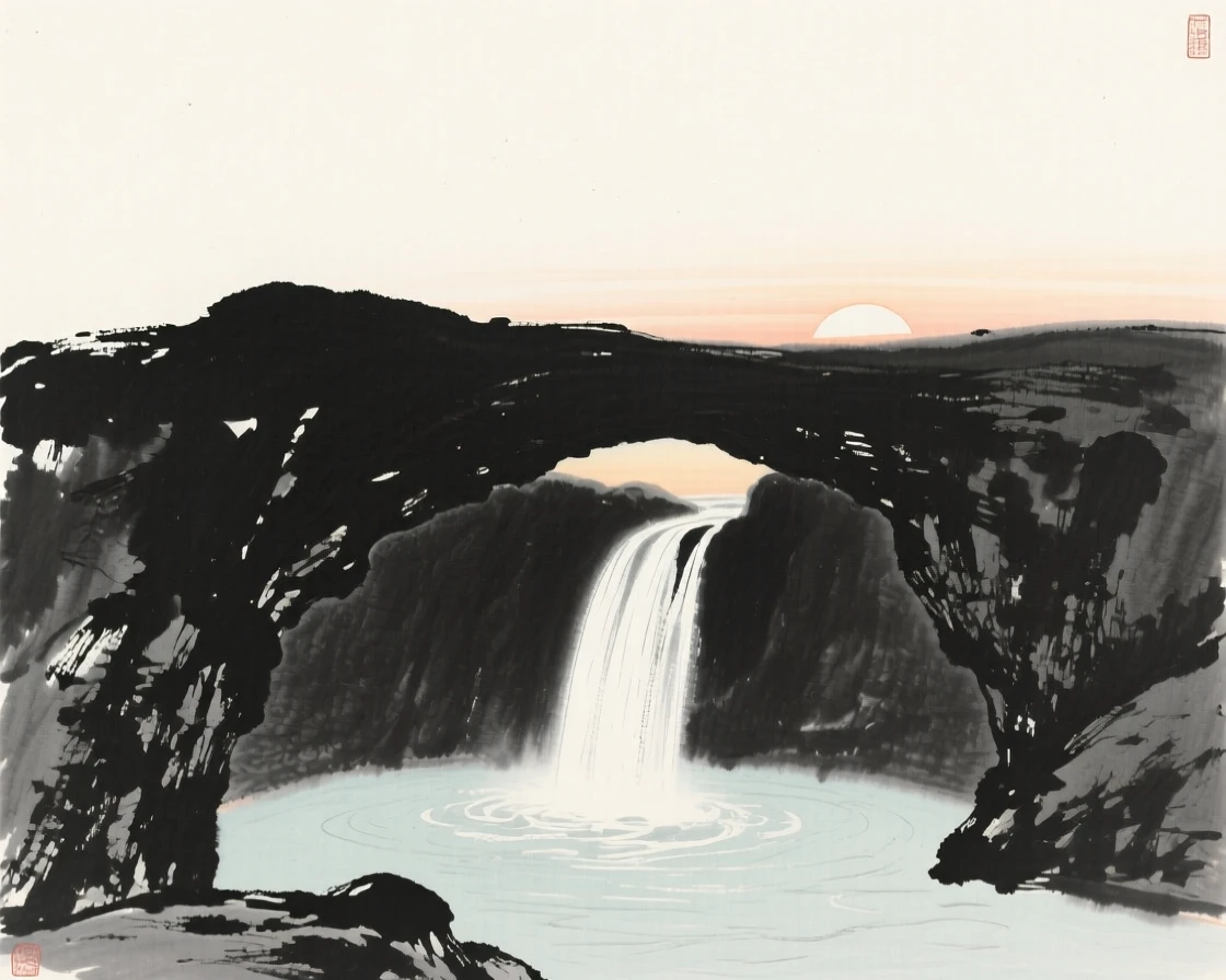A cave mouth opening onto a hidden waterfall pool in the stillness just before sunrise, composed with wide open space above to emphasize the scale of the sky, conveying calm reflection and gentle isolation.