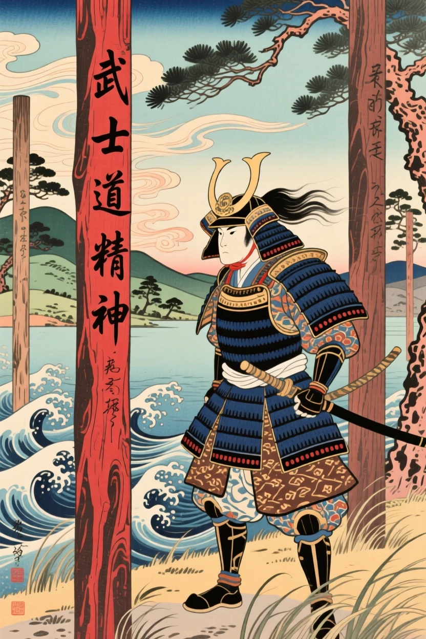A warrior standing resolute against a fierce wind, surrounded by carved wooden pillars.