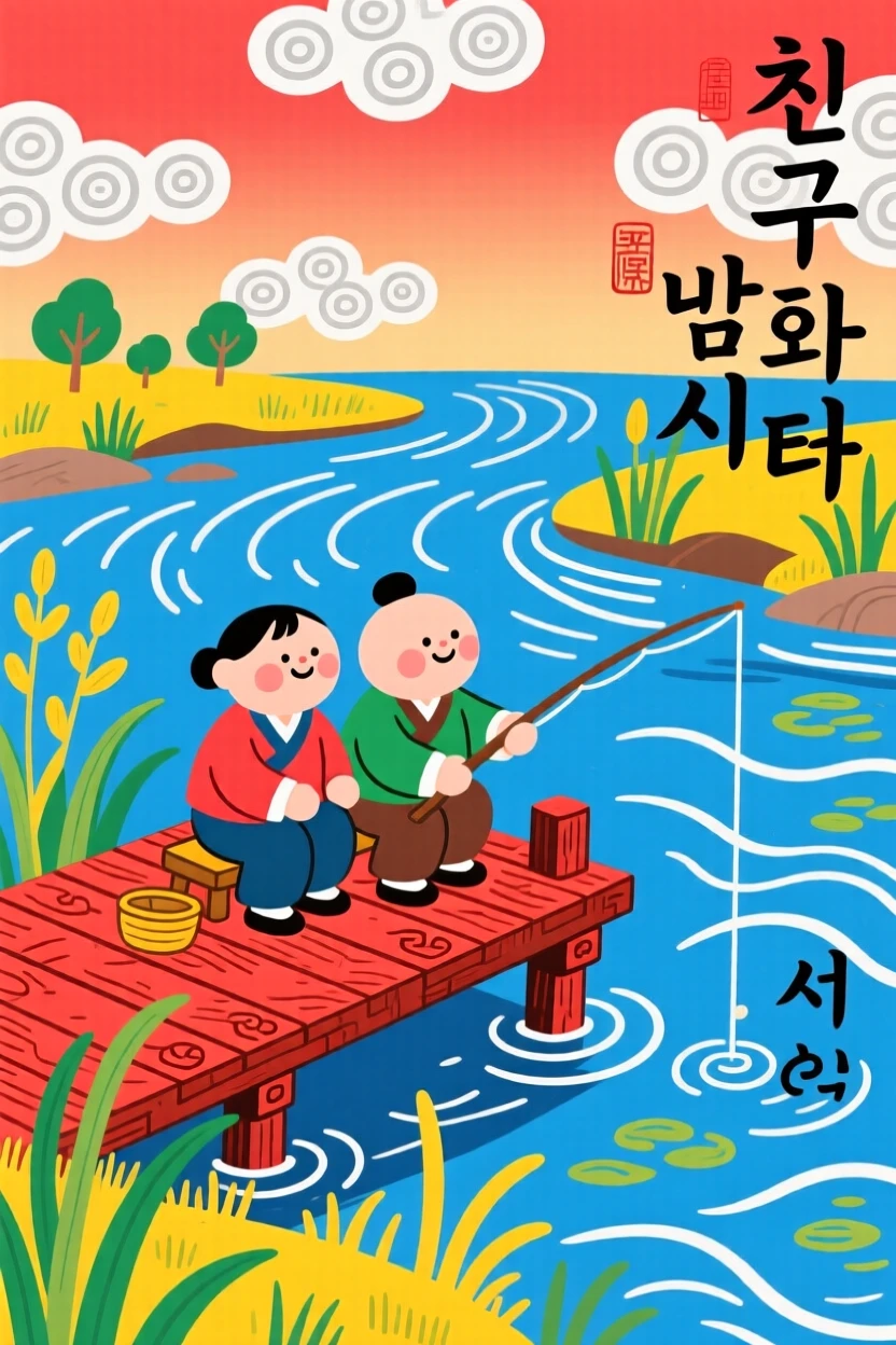Two friends fishing together from a small wooden dock beside a gently flowing river.