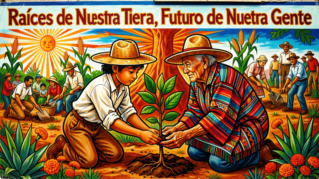 A child planting a tree beside an elderly grandparent