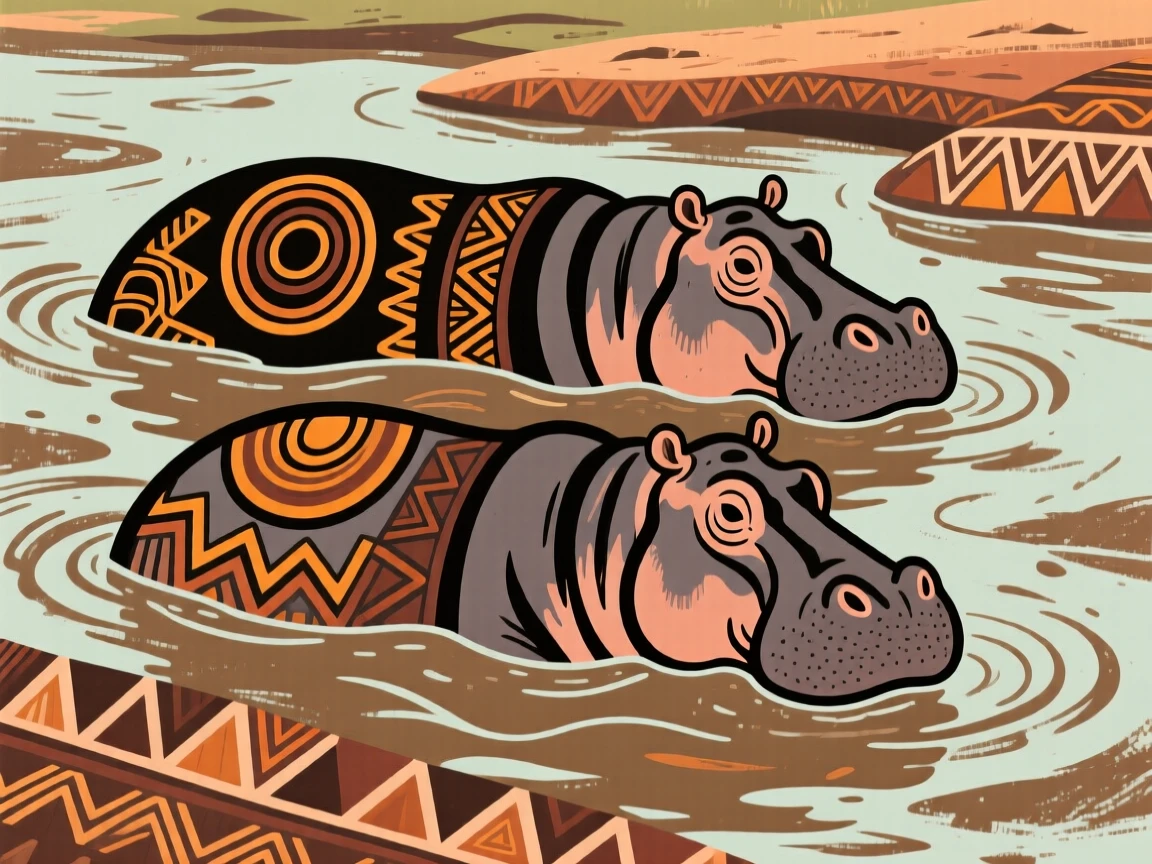 A pod of hippos submerged in a muddy river.