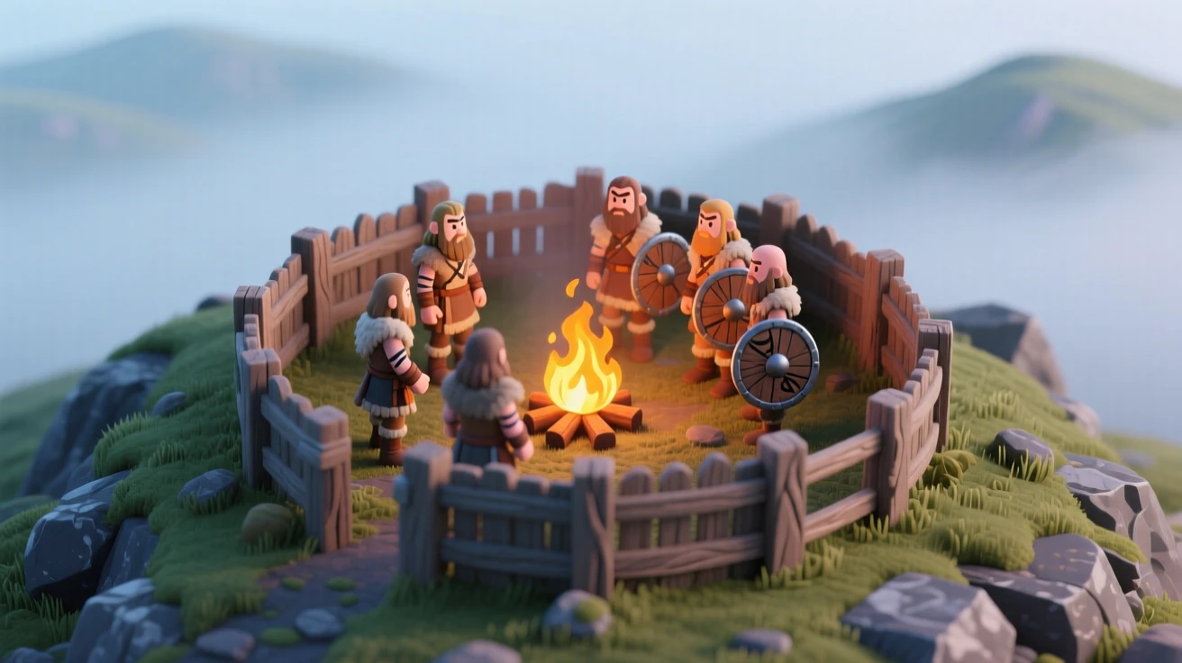 An ancient Pict hillfort with wooden palisades, a bonfire blazing, and warriors gathered beneath a misty highland sky.