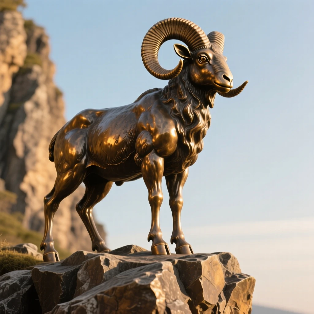 A majestic ram standing on a rocky cliff edge, bathed in warm, natural light, evoking wonder and majesty