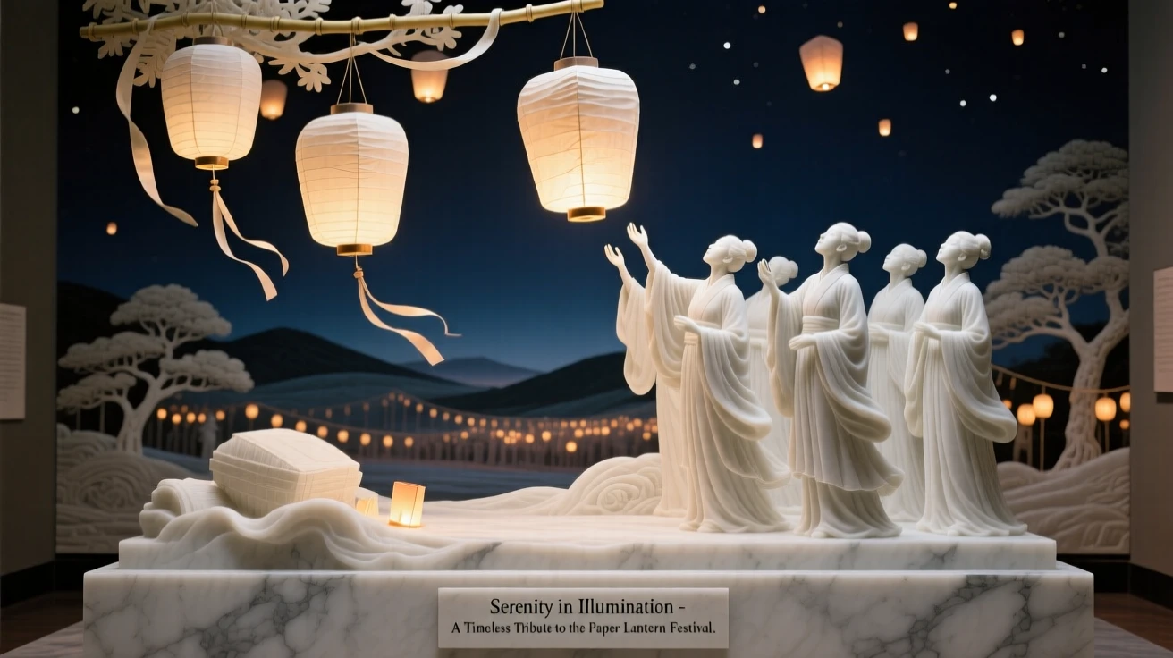 A vivid, emotionally rich scene of a paper lantern festival lighting up the night sky, in a moment of quiet stillness, designed to captivate and inspire