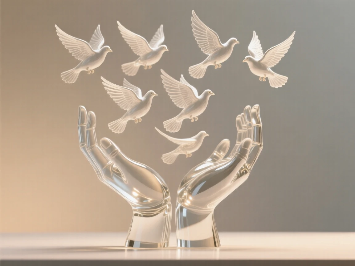 With a warm glow surrounding the entire scene, a pair of hands cupped together releasing a flock of doves