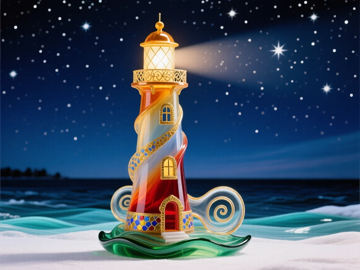 A lone lighthouse glowing warmly against the clearest star-filled winter sky at midnight, resilient and serene.