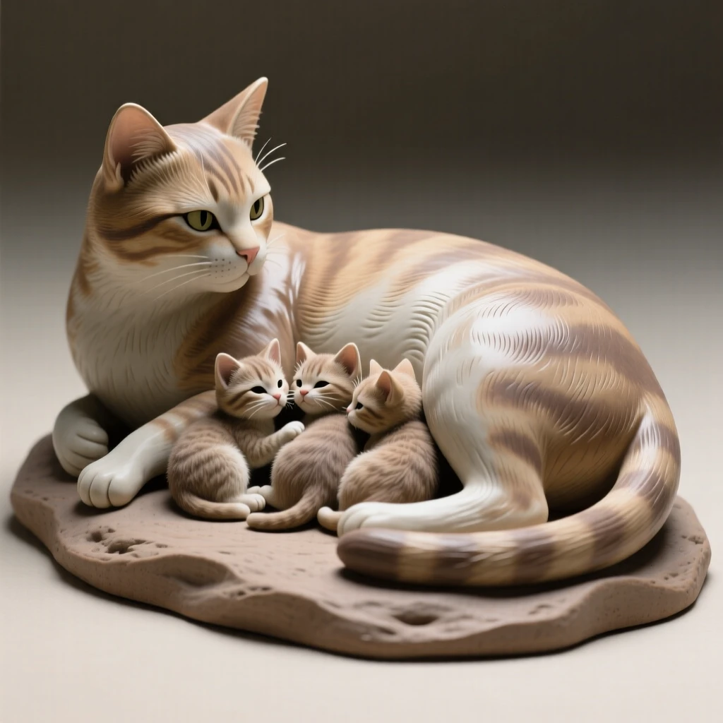 A mother cat nursing kittens gazing calmly toward the horizon, its ears tilted forward in attention, filling the scene with playful, heartwarming charm.