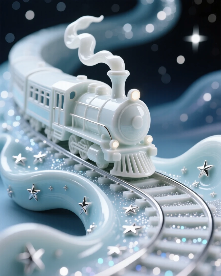 A dreamlike scene of a train traveling along tracks made of starlight, balanced between the familiar and the fantastical.