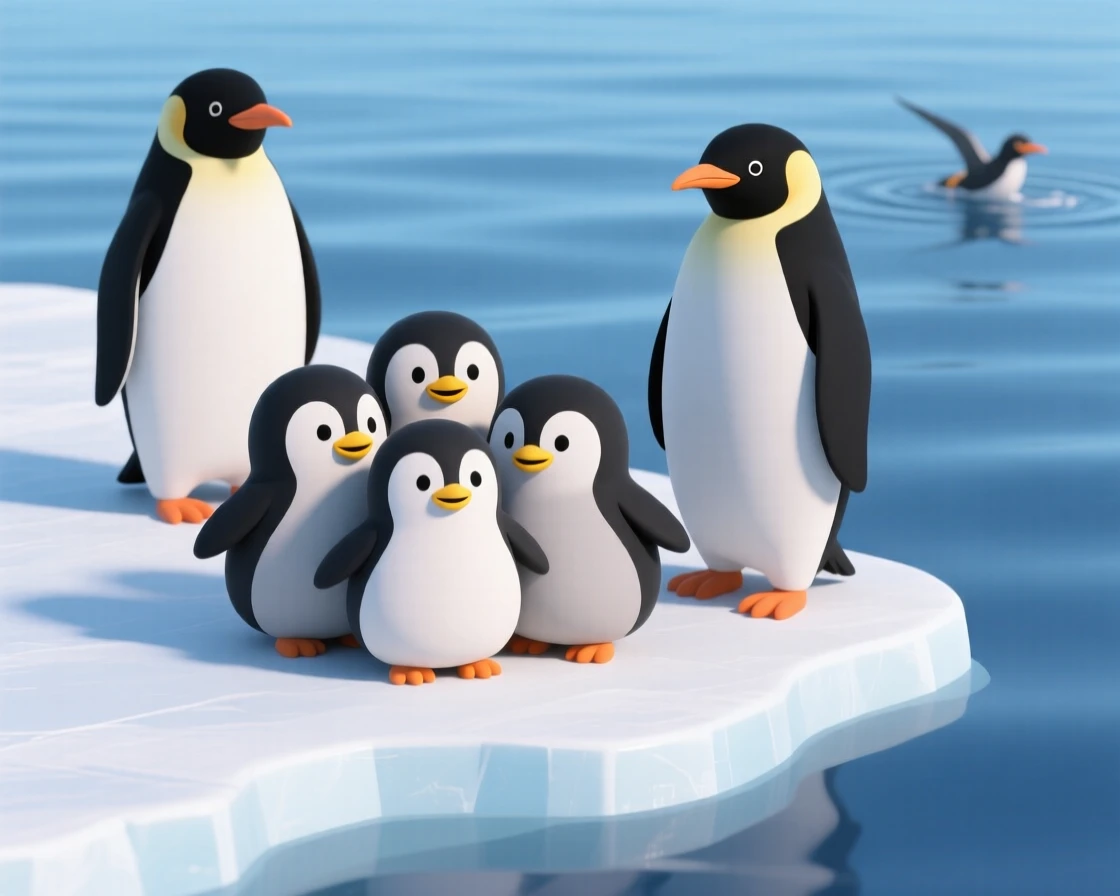 A cheerful group of penguin chicks huddle together for warmth while their parents hunt in icy waters nearby.