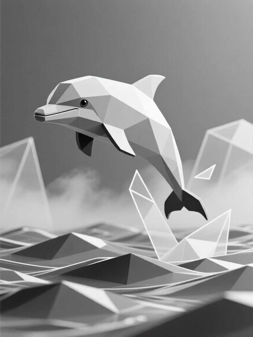 A dolphin leaping over rolling waves, surrounded by drifting mist. the framing draws the eye directly to its gaze. The scene radiates quiet strength.