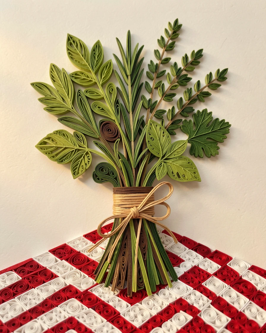 a bouquet of kitchen herbs tied with twine, on a checkered picnic blanket in a park, composed with a clean, minimal negative space background, with soft golden light highlighting every texture.