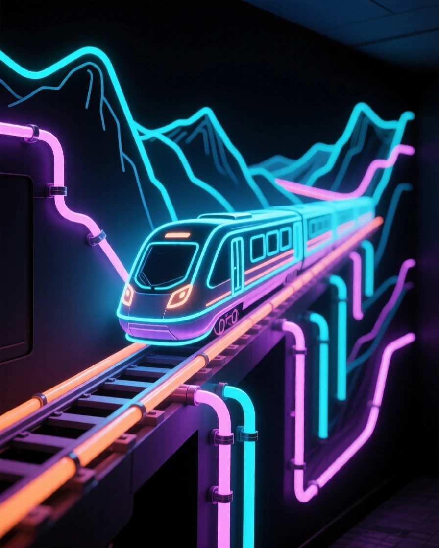 A dramatic scene showing a train gliding along an elevated magnetic rail through a futuristic valley from a low angle.