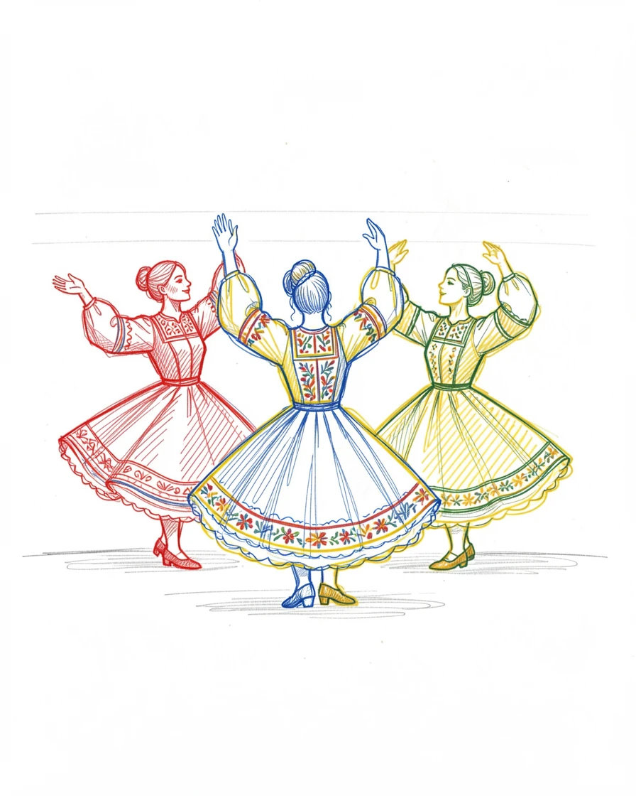 A traditional folk dance troupe performing in colorful embroidered costumes