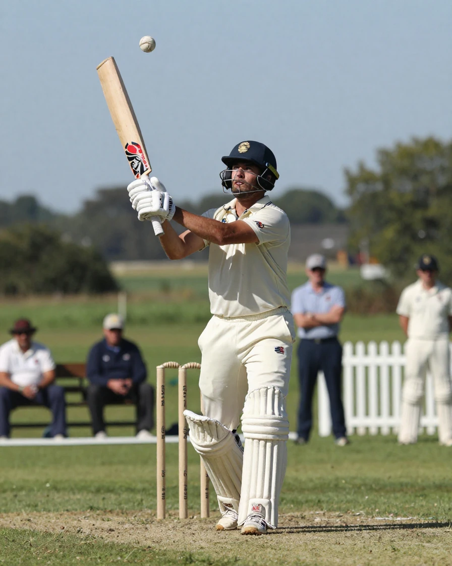 A cricket player watches the ball soar after a powerful swing.