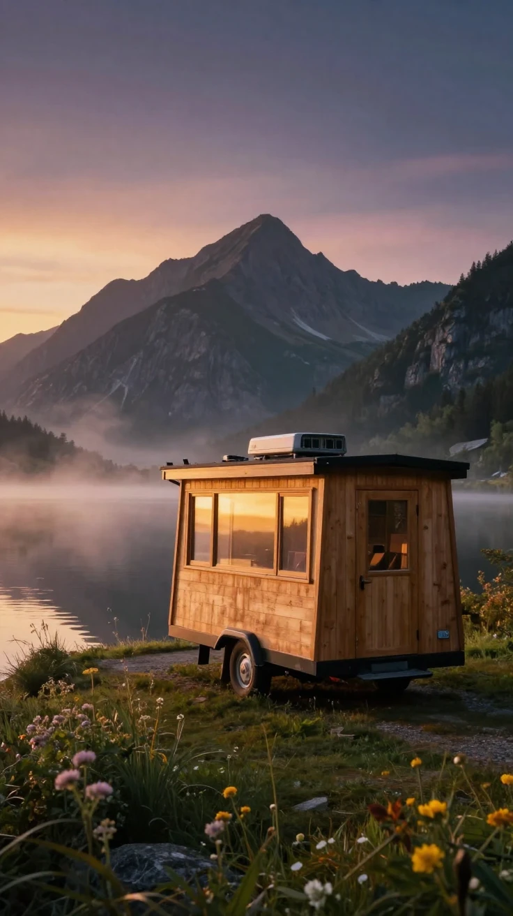 A tiny house on wheels parked beside a mountain lake at sunrise