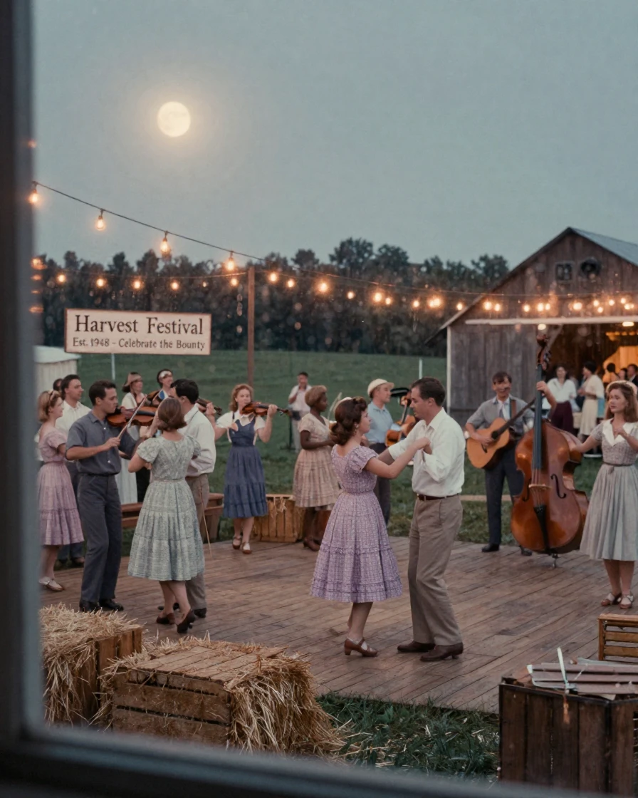 A crowd celebrating a harvest festival with music and dancing, under moonlight, in still, windless air, during the long days of summer, in soft muted pastels, through a rain-streaked window.