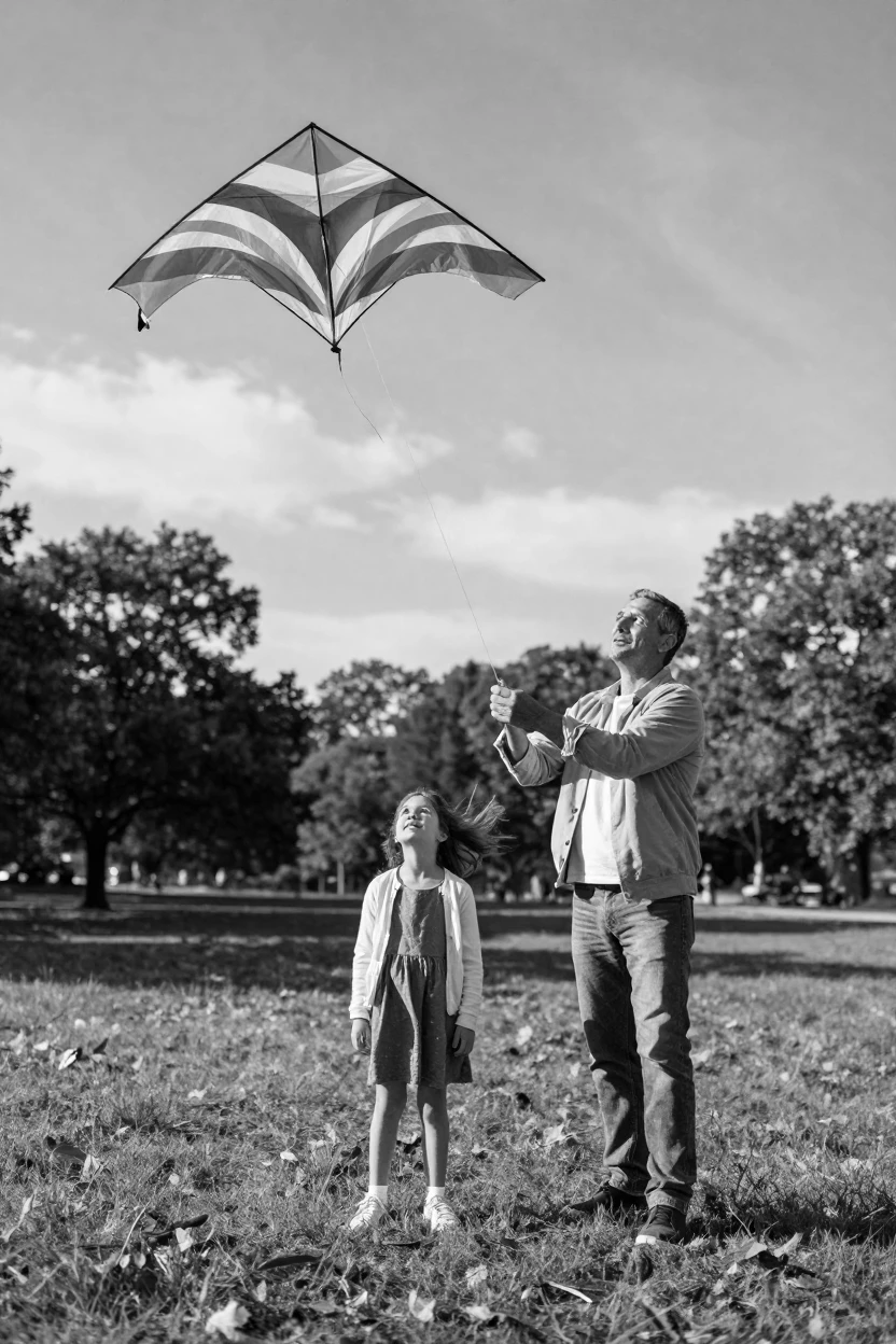 A father and his daughter fly a kite together at a breezy public park.
