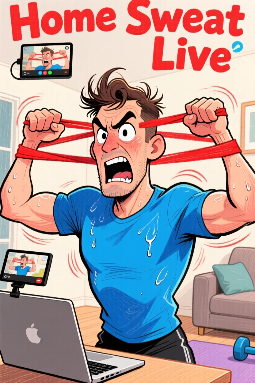 A man doing a home workout stream, resistance bands stretched mid-exercise.