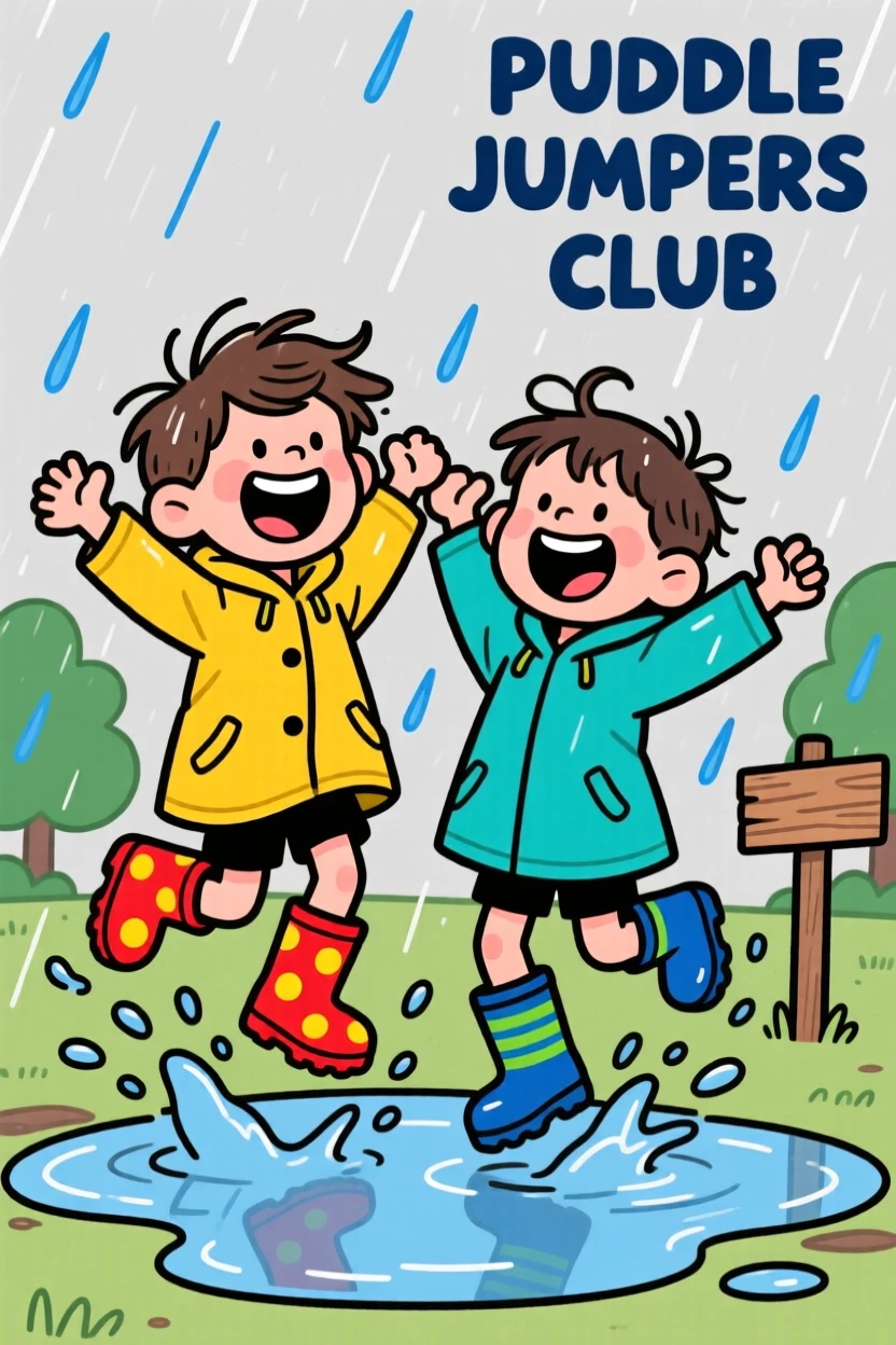 A playful childhood moment of twin siblings jumping joyfully into a puddle in rain boots, with wide grins and messy hair.