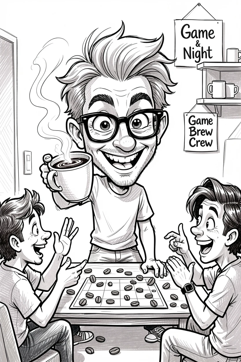 [Trending & Universal Topics] Modern lifestyle scene of a creative coffee connoisseur hosting a lively game night with friends, capturing everyday joy