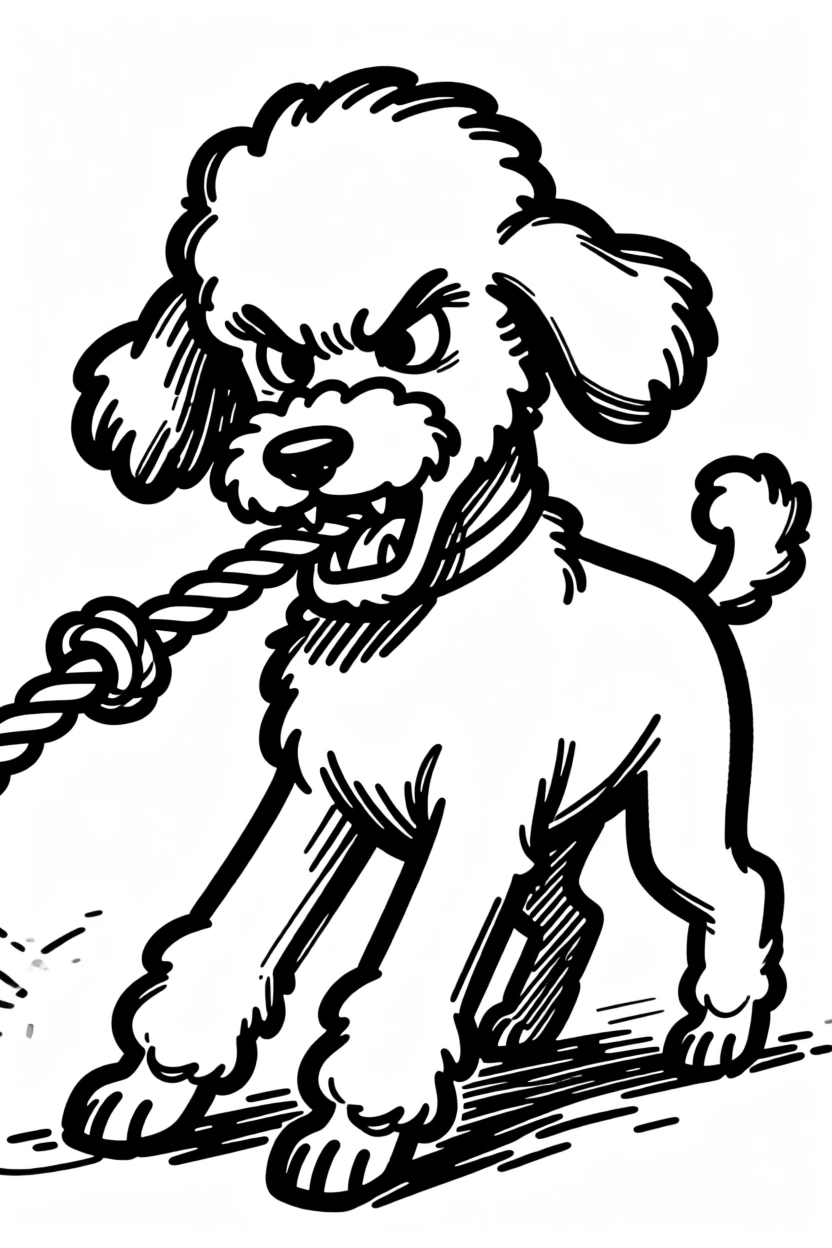 A poodle playing tug of war with a rope toy, back paws braced and determined.