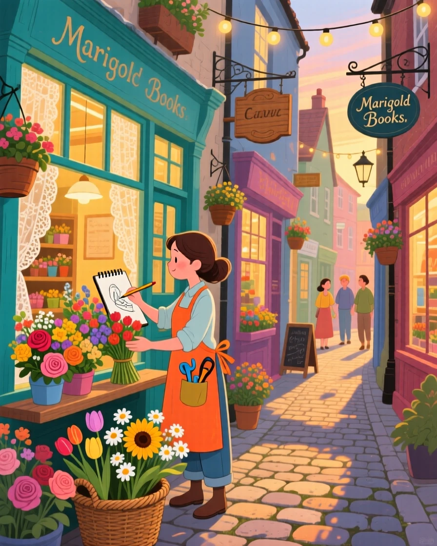 A florist arranging a bouquet pauses while sketching the view from a café window in a narrow alley lined with shops, with warm light spilling from every window.