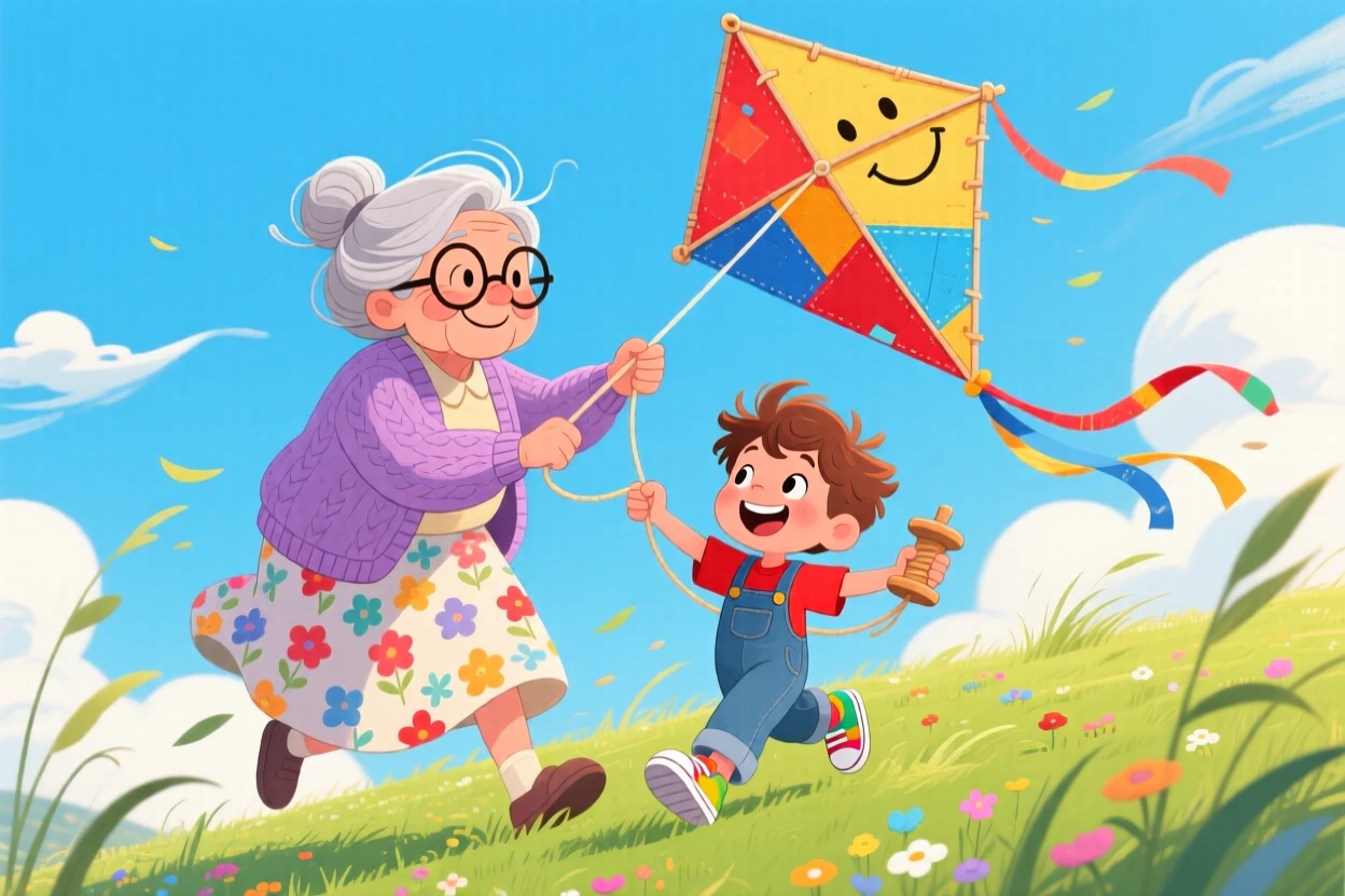 A grandmother and grandchild flying a homemade kite on a windy hill.