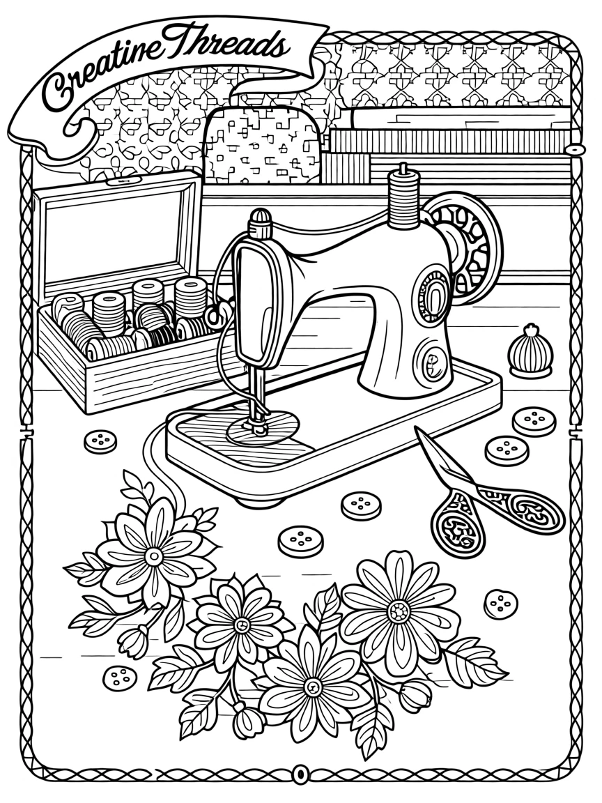A vintage sewing machine stitching a trail of blooming thread flowers.