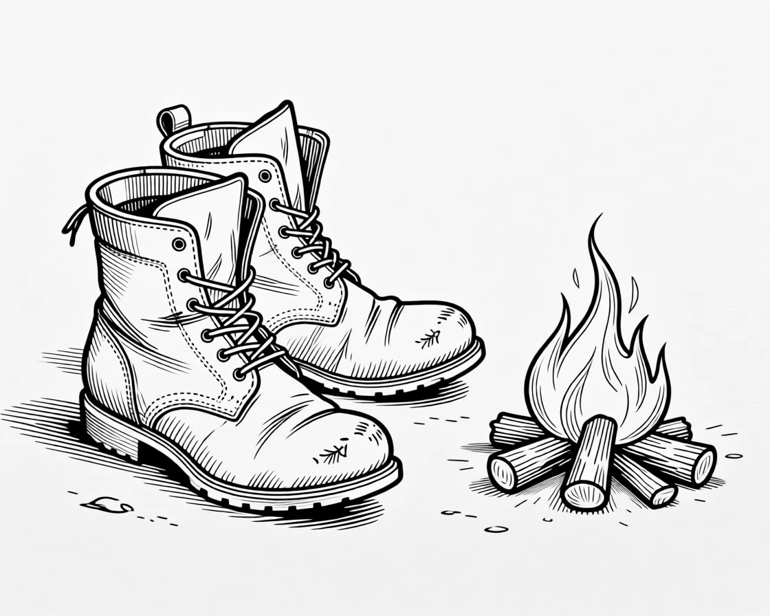 A pair of worn leather boots beside a campfire