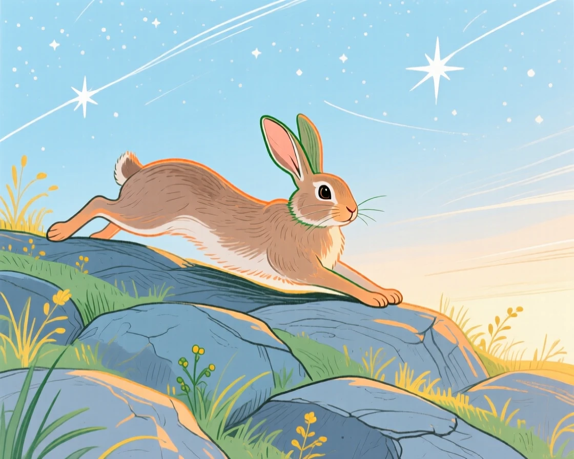 A pair of rabbits stretching in the morning light on a rocky hillside under a clear starry sky.