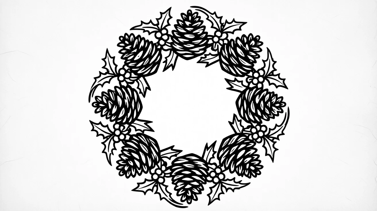 A symmetrical arrangement of pinecones and holly berries forming a wreath shape.