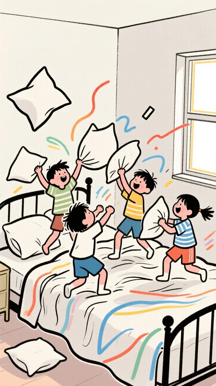 A group of kids having a joyful pillow fight in a cozy bedroom.