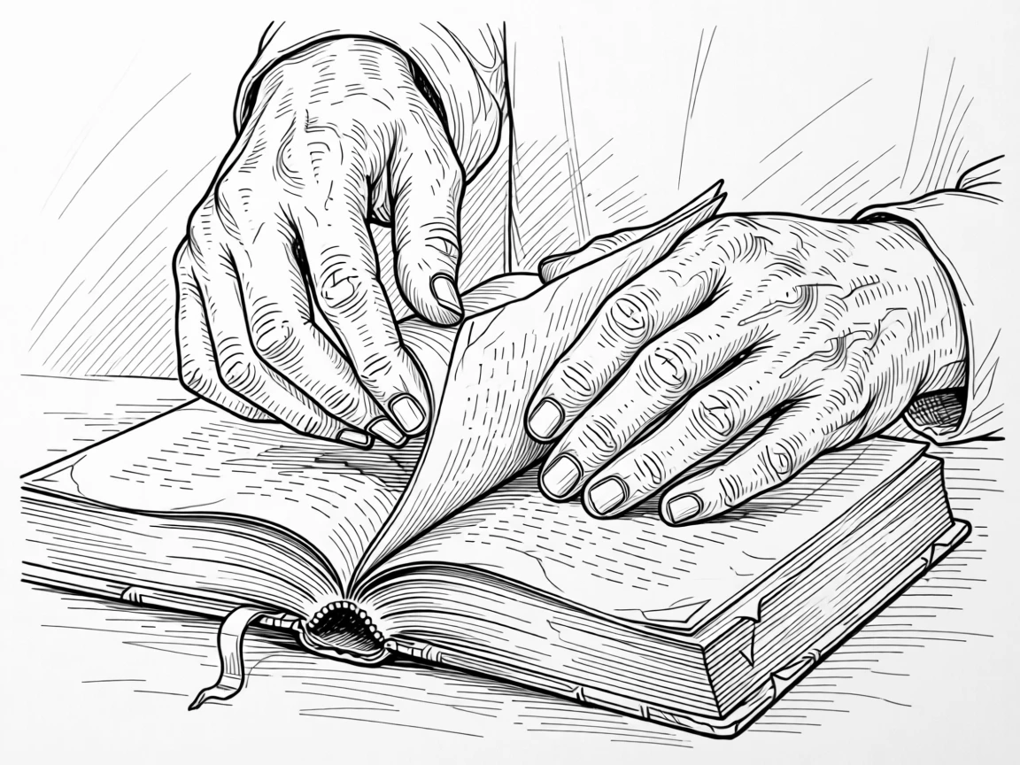 A pair of hands gently turning the pages of an old, cherished book.