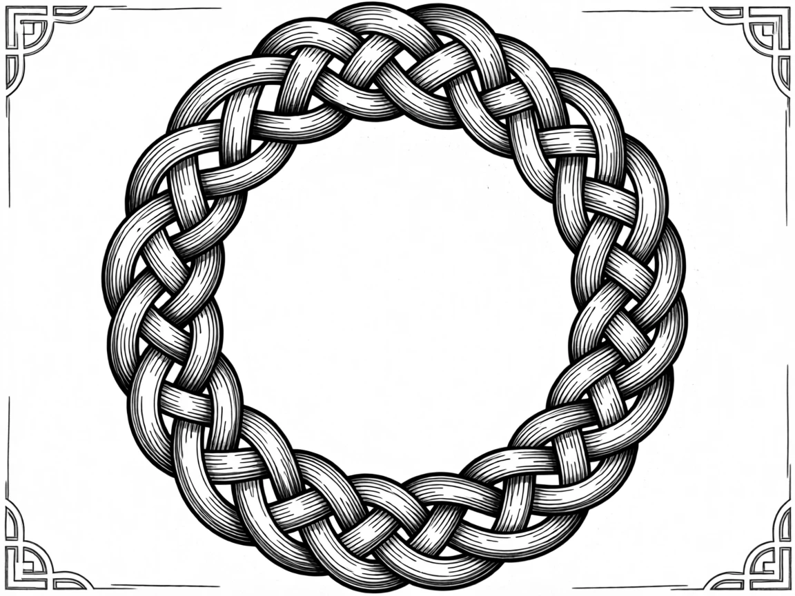 A border of interlocking celtic knotwork arranged in perfect radial symmetry, with a harmonious balance of positive and negative space, forming a harmoniously balanced decorative composition.